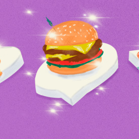 Food on top of the instagram like, comment, and reply symbols and sparkly purple bg 